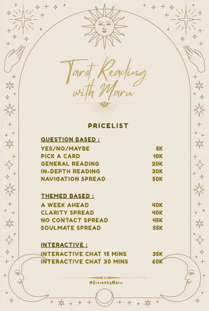 cloudshrine's tweet photo. Good morning! ✨️

Buat yang mau tarot reading bisa di Kak Maru @DivinebyMaru ya! Kalian bisa langsung ke wa-nya aja untuk pertanyaan lebih lanjut! Readingnya trusted dan pastinya resonate! 🧿

t. #zonauang #zonajajan #zonaba https://t.co/IOrsjxO5OB