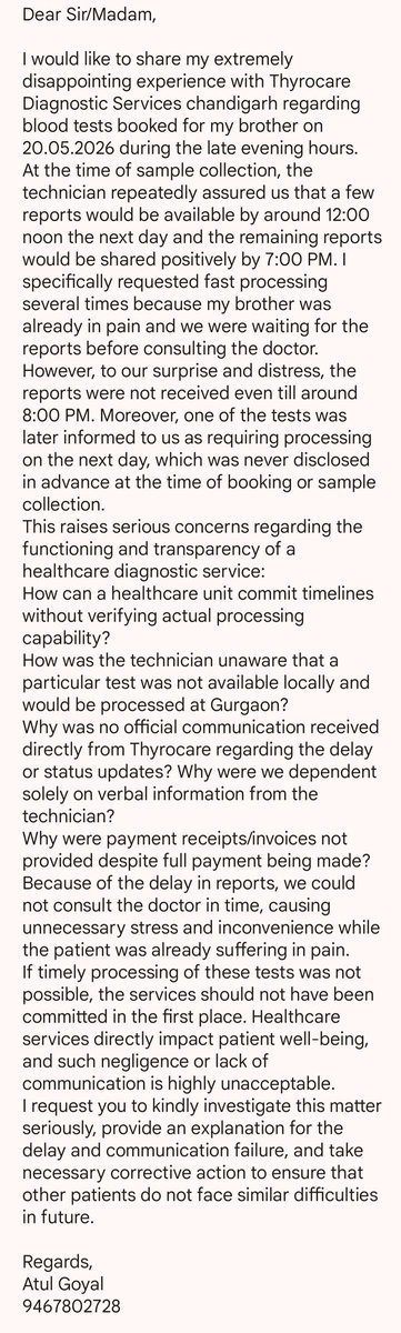 Atulgoyal04Atul's tweet photo. @Thyrocare Complaint Regarding Delay in Diagnostic Reports and Poor Service Experience https://t.co/rBuVrGJo4I