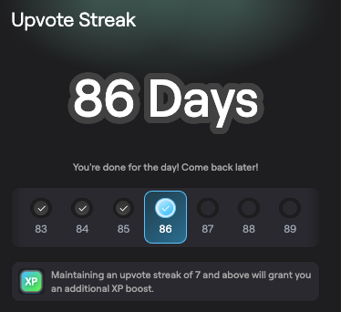 Okaypunksnft's tweet photo. 86 days upvote streak achieved. 

Not too stressed, just showing up every day 😌

@AbstractChain https://t.co/a04OOLpXY8