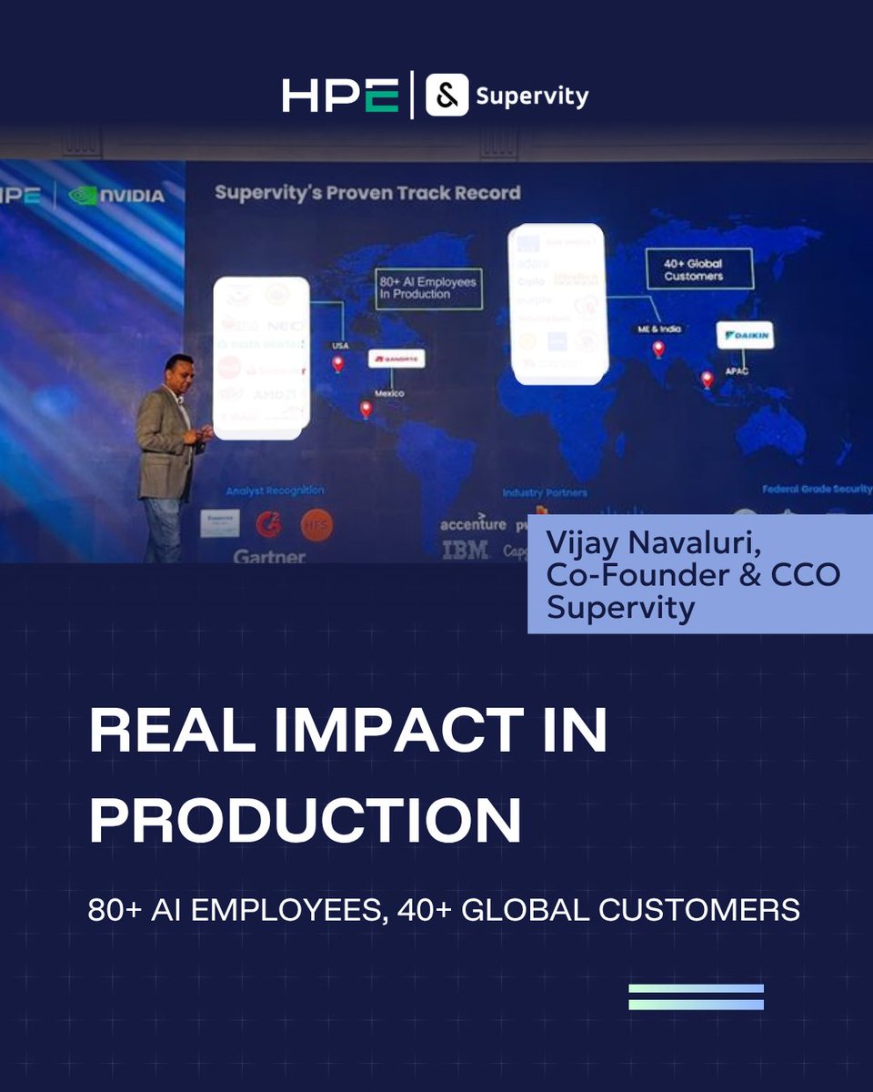 SupervityAI's tweet photo. Supervity at HPE ForCAST 2026, an exciting few days sharing insights on the future of enterprise AI.
Vijay Navaluri, Co-Founder &amp; CCO, Supervity led the conversation on AI Employees and how they are moving beyond pilots to take ownership of real work.

@HPE_India 

#AIEmployees https://t.co/JndpKko1eQ