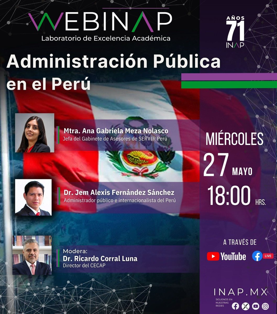 inap_mx's tweet photo. 🌎 Conoce las perspectivas y retos de la administración pública en Perú en una nueva edición de #WebINAP.
Acompáñanos en esta conversación con especialistas internacionales que compartirán experiencias y reflexiones sobre la gestión pública y la cooperación regional. 🇵🇪✨
📅 Miércoles 27 de mayo
⏰ 18:00 hrs.
📍 Sigue la transmisión por YouTube y Facebook Live.
#ConoceINAP #AdministraciónPública #Perú #INAP #ExcelenciaAcadémica #GestiónPública #Webinar #ServicioPúblico