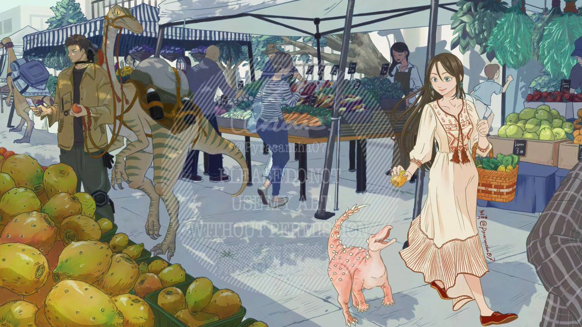 Pyracantha07's tweet photo. Ornithomimus × farmers market × cuctus pear
本当はオルニトミムスはもっと大きいみたいだけど街歩きするならこれくらいだと嬉しいなという願望。
トゲトゲのスクテロサウルスはトゲトゲのcuctus pear（サボテンの実）を食べてほしい。 https://t.co/erH5IuU5FQ