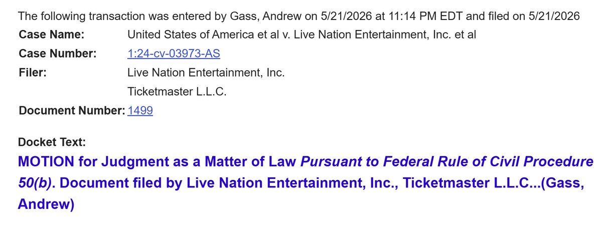 innercitypress's tweet photo. Live Nation past 11 pm has filed a motion to try to throw out the SDNY jury verdict against it. Meanwhile, "State Consider Divestiture of Ticketmaster as DOJ and Some States Deny FOIAs," Inner City Press story: https://t.co/pjRwA4PvAM https://t.co/R7DGwglj5J