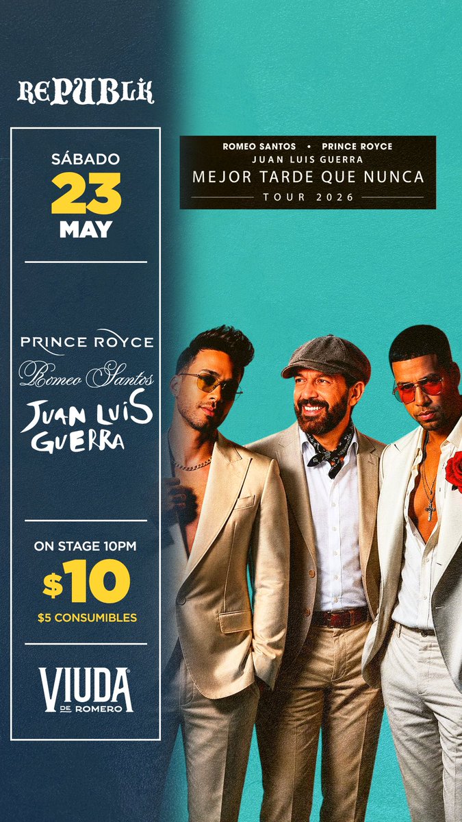 republikbarsv's tweet photo. Este sábado en REPUBLIK la bachata se pone seria.
Mientras esperamos la llegada de Prince Royce y Romeo Santos a El Salvador… nosotros calentamos motores como se debe 💃🕺
Reserva tu mesa en https://t.co/OluNbPD2YH https://t.co/tev40fOGHV