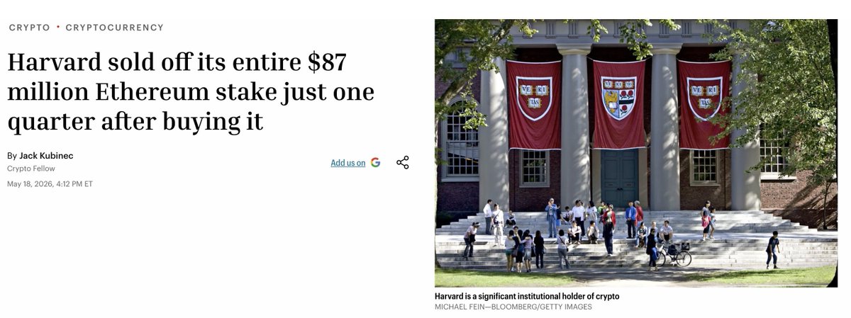 cryptorover's tweet photo. Harvard dumps entire ethereum:native position worth $87,000,000. https://t.co/YER07t2W5J