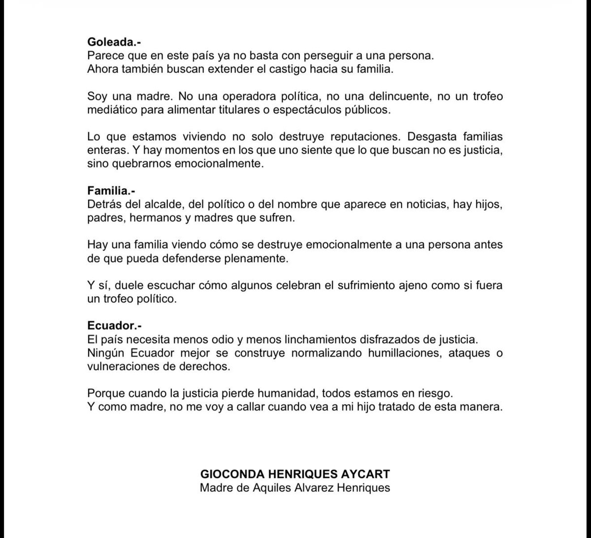 alexismoncayo's tweet photo. Carta de la madre de Aquiles Álvarez al país y a Noboa: https://t.co/x0HgyYEFg4