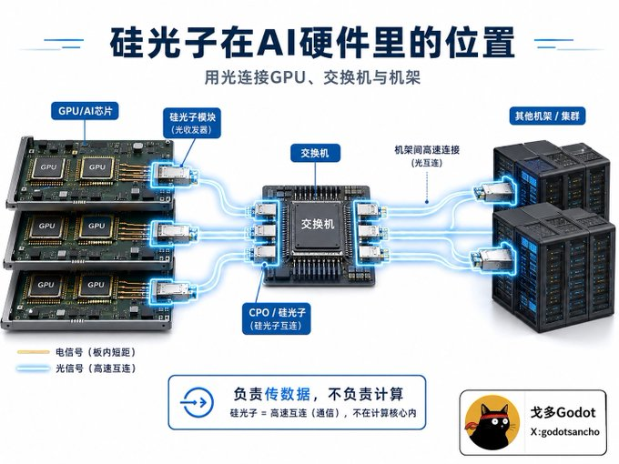 GodotSancho's tweet photo. 平时看到的，容易一头雾水的 LPO（线性可插拔光学）、CPO（共封装光学）、OCS（光路交换）、Optical I/O（光学输入输出），是硅光的不同技术路线。

当前产业格局👇
1）最底层：晶圆代工厂
台积电工艺领先，Tower Semiconductor 专门做硅光代工，2025年硅光收入同比增长70%。

2）第二层：核心器件供应商
能制造高速 EML 激光器的公司全球不到5家。
Lumentum $LITE  是唯一能量产 200G/lane EML 激光器的厂商，这是 1.6T 光模块的核心部件。NVIDIA 为了锁住其产能，已经把订单签到了2027年之后。

3）第三层：模块和系统厂
Coherent 占了全球光收发器25%的市场份额。

4）最顶层：系统集成商
NVIDIA、Cisco、博通 Broadcom、马维尔 Marvell $MRVL 都在这一层。