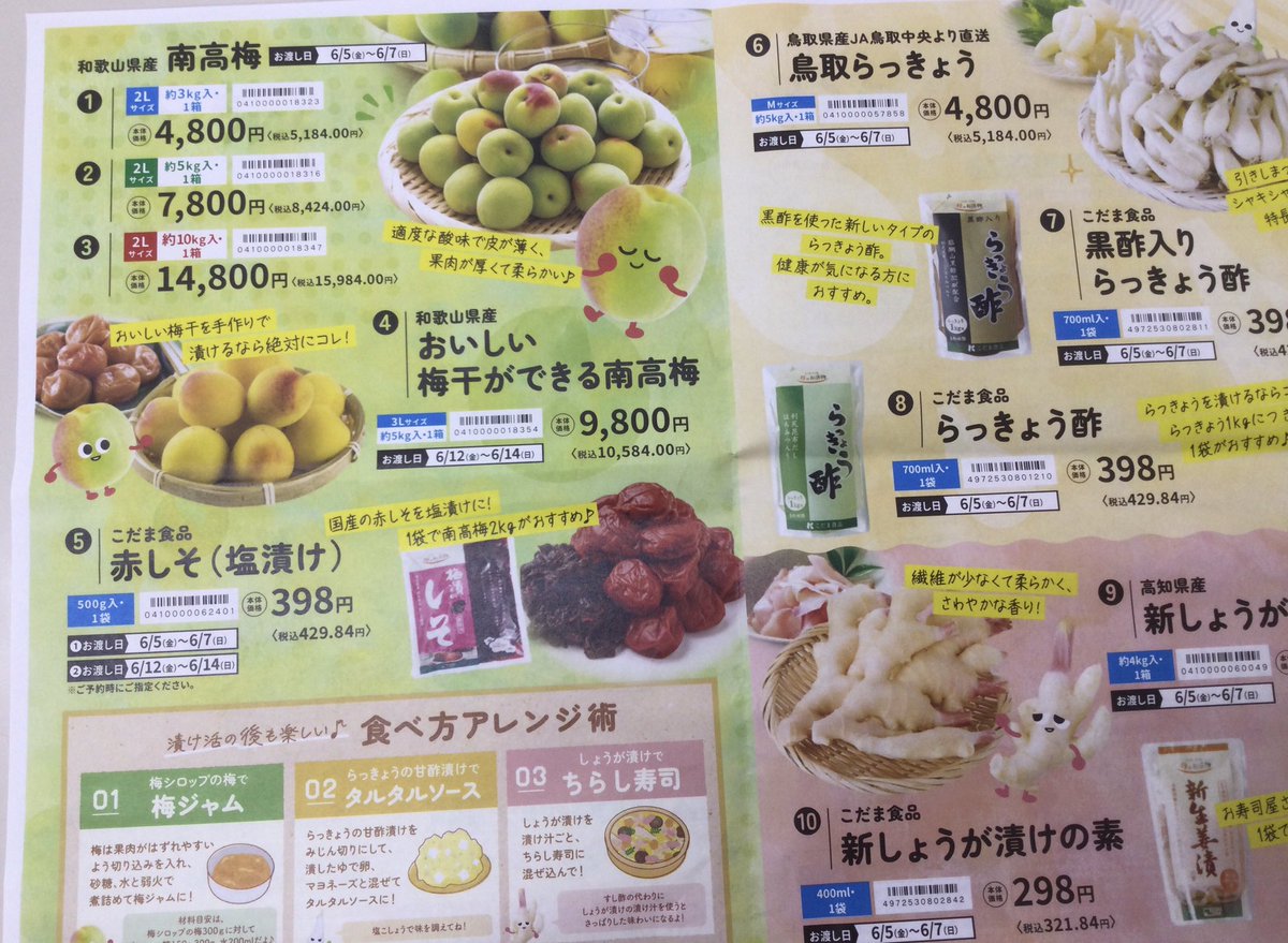 141summitstore's tweet photo. 6月1日(月)まで「南高梅・鳥取らっきょう・新しょうが」の
予約を受付中です❗️

冷凍梅で作る梅シロップや梅酒の作り方も載ってるので作ってみても良いですね😤

#サミット  ＃南高梅  #鳥取らっきょう　#新しょうが　＃予約 https://t.co/6uAvNeyi7X