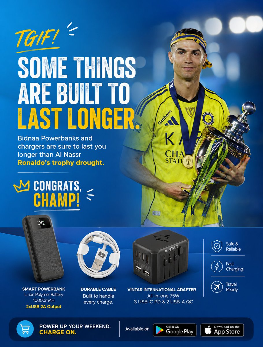 Bidnaatrade's tweet photo. 1215 days later… still worth the wait 🏆

But your phone battery? No need suffer that long 😄 

TGIF! stay powered, stay winning ⚡
Download Bidnaa on Google Play &amp; App Store.

#TGIF #Bidnaa #StayPowered #ChargeOn #Ronaldo #TrendingNow #Powerbank #victorystateofmind https://t.co/aOeHWXxTPS