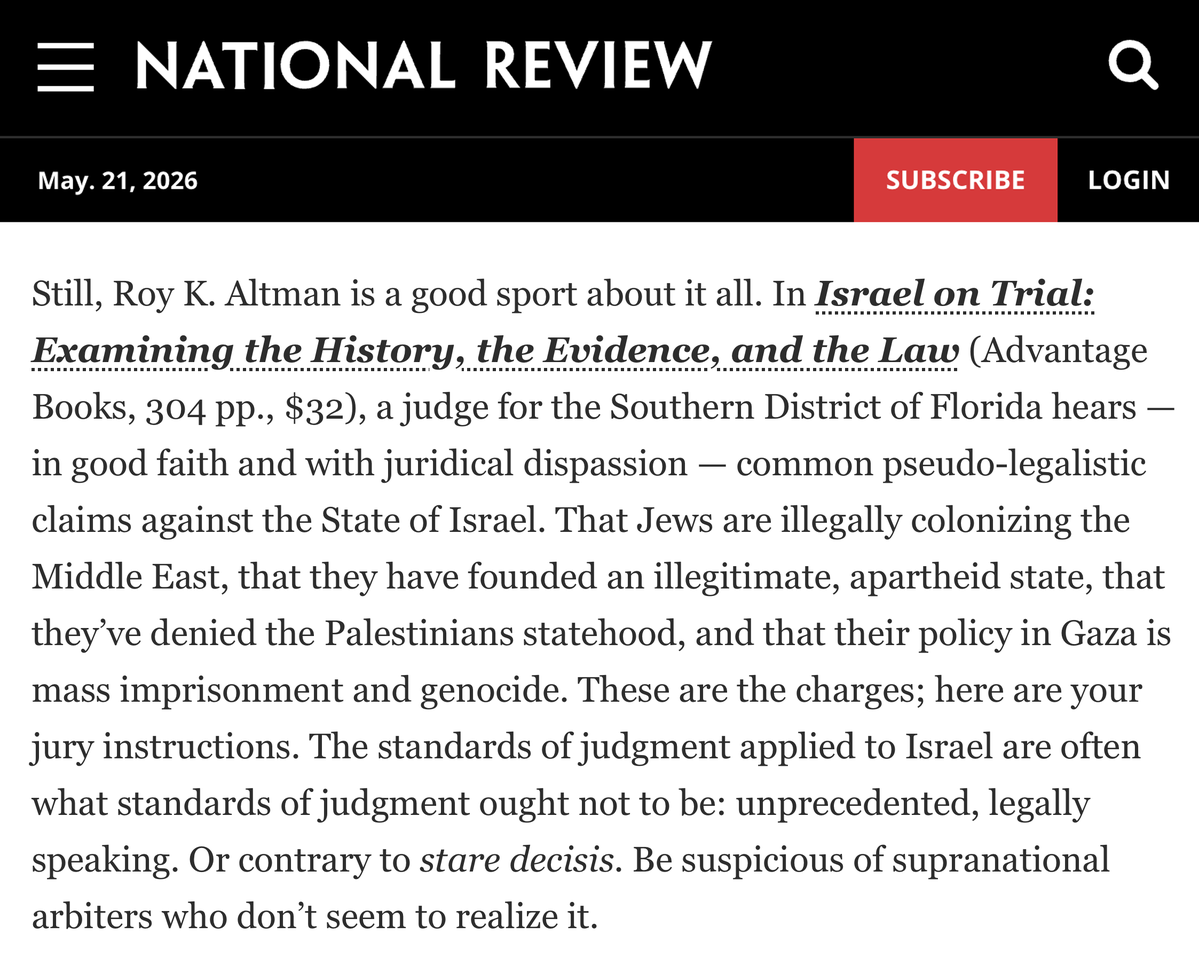 RoyKAltman's tweet photo. Appreciate the kind words from @NRO about “Israel on Trial: Examining the History, the Evidence, and the Law.”

https://t.co/jO4VC5sn7x https://t.co/ZFKZrIgaAt
