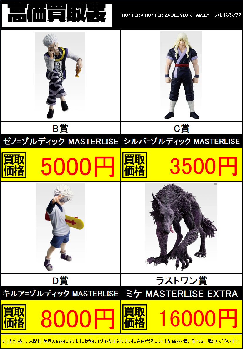 新作買取情報】 一番くじ HUNTER×HUNTER ZAOLDYECK FAMILY 買取表作成
