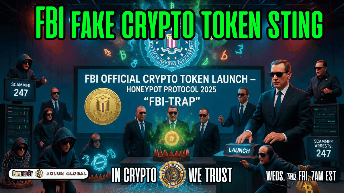 CryptoPowerHour's tweet photo. The Crypto Power Hour 11AM EST The FBI Fake Crypto Token Sting:
Damn the FBI is tricky! Big op big results and scammers got caught. Come and watch the #1 crypto show on Rumble. 
Weds &amp; Fri 7AM EST 

Watch it LIVE on Rumble Youtube &amp; Locals
@chrispavlovski @solumglobal https://t.co/UE9hzuaIVK