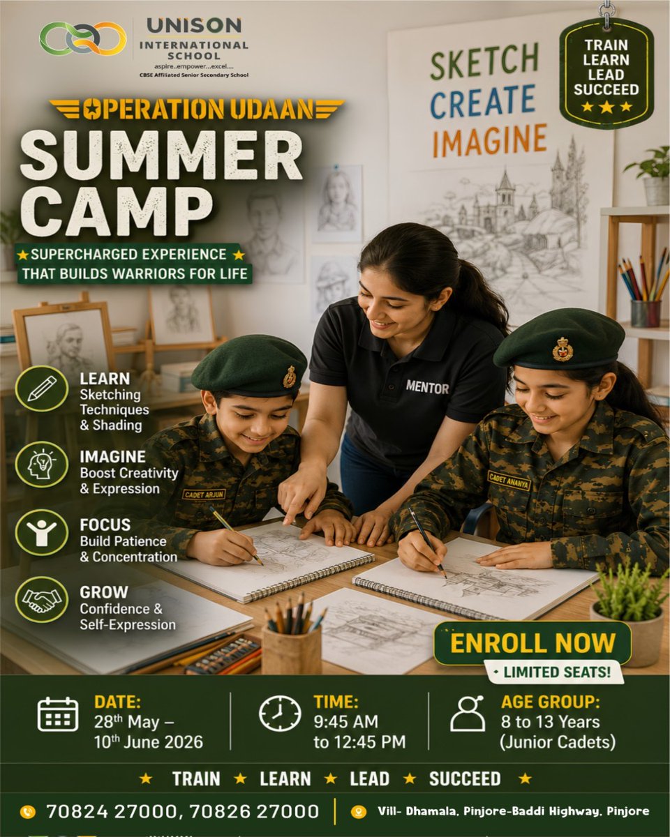 UnisonIntSchool's tweet photo. 🎨 Operation Udaan – Summer Camp 2026 ✏️✨

Sketching &amp; Creative Art sessions where young minds explore imagination, creativity, and self-expression 🌟🖌️

📞 70824-27000 | 70826-27000

#UnisonInternationalSchool #Pinjore #CBSE #OperationUdaan https://t.co/6uaU455jWj