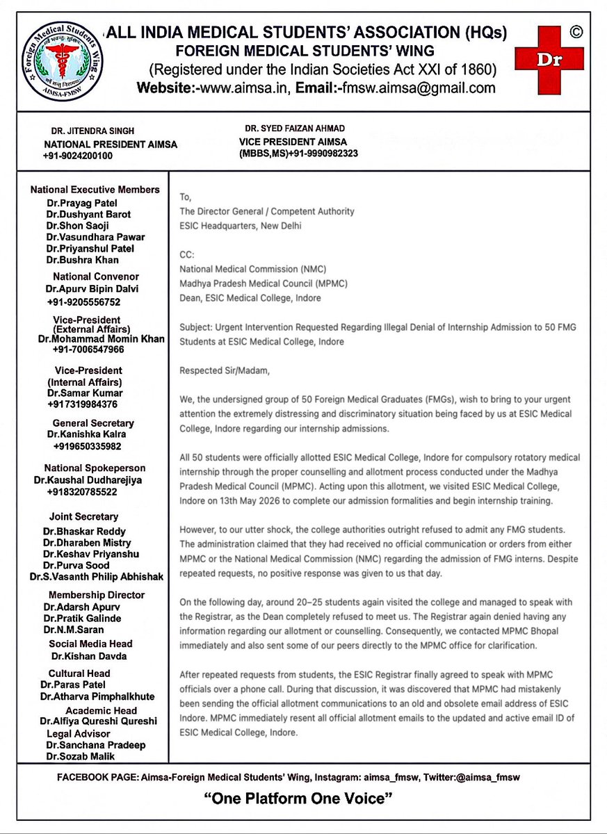 official_afa_'s tweet photo. Hello @esichq ⚠️⚠️
Writing on behalf of AIMSA-FMSW @aimsa_fmsw & AFA @official_afa_ 
50 officially allotted FMG interns at ESIC Medical College Indore (@ESICMCIndore) are being denied admission despite MPMC & NMC approval. Students have travelled repeatedly between Indore & Bhopal for over a week, yet no admissions granted. Now ESIC Indore says they await HQ permission while the last date is 28 May.

Students were even warned they may be forced to sign affidavits surrendering stipend rights.
Why this discrimination against FMGs despite Supreme Court & NMC directions? We are Indian citizens too.

Urgent intervention needed from ESIC HQ before 50 students lose their academic year.
@esichq @NMC_BHARAT @MoHFW_INDIA #FMG #ESIC #MedicalInternship #EqualRightsForFMGs #StopDiscrimination  @ESICMCIndore @esic_indore