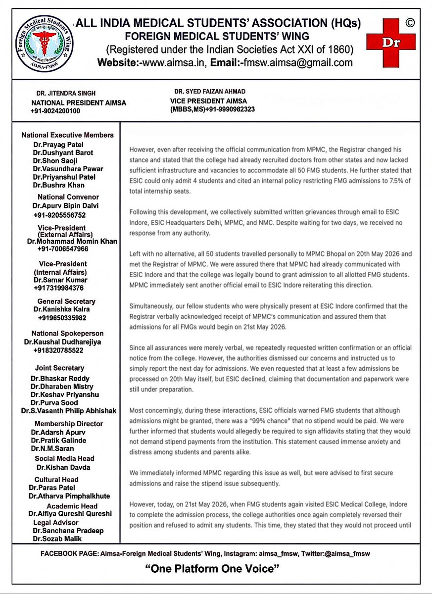official_afa_'s tweet photo. Hello @esichq ⚠️⚠️
Writing on behalf of AIMSA-FMSW @aimsa_fmsw & AFA @official_afa_ 
50 officially allotted FMG interns at ESIC Medical College Indore (@ESICMCIndore) are being denied admission despite MPMC & NMC approval. Students have travelled repeatedly between Indore & Bhopal for over a week, yet no admissions granted. Now ESIC Indore says they await HQ permission while the last date is 28 May.

Students were even warned they may be forced to sign affidavits surrendering stipend rights.
Why this discrimination against FMGs despite Supreme Court & NMC directions? We are Indian citizens too.

Urgent intervention needed from ESIC HQ before 50 students lose their academic year.
@esichq @NMC_BHARAT @MoHFW_INDIA #FMG #ESIC #MedicalInternship #EqualRightsForFMGs #StopDiscrimination  @ESICMCIndore @esic_indore