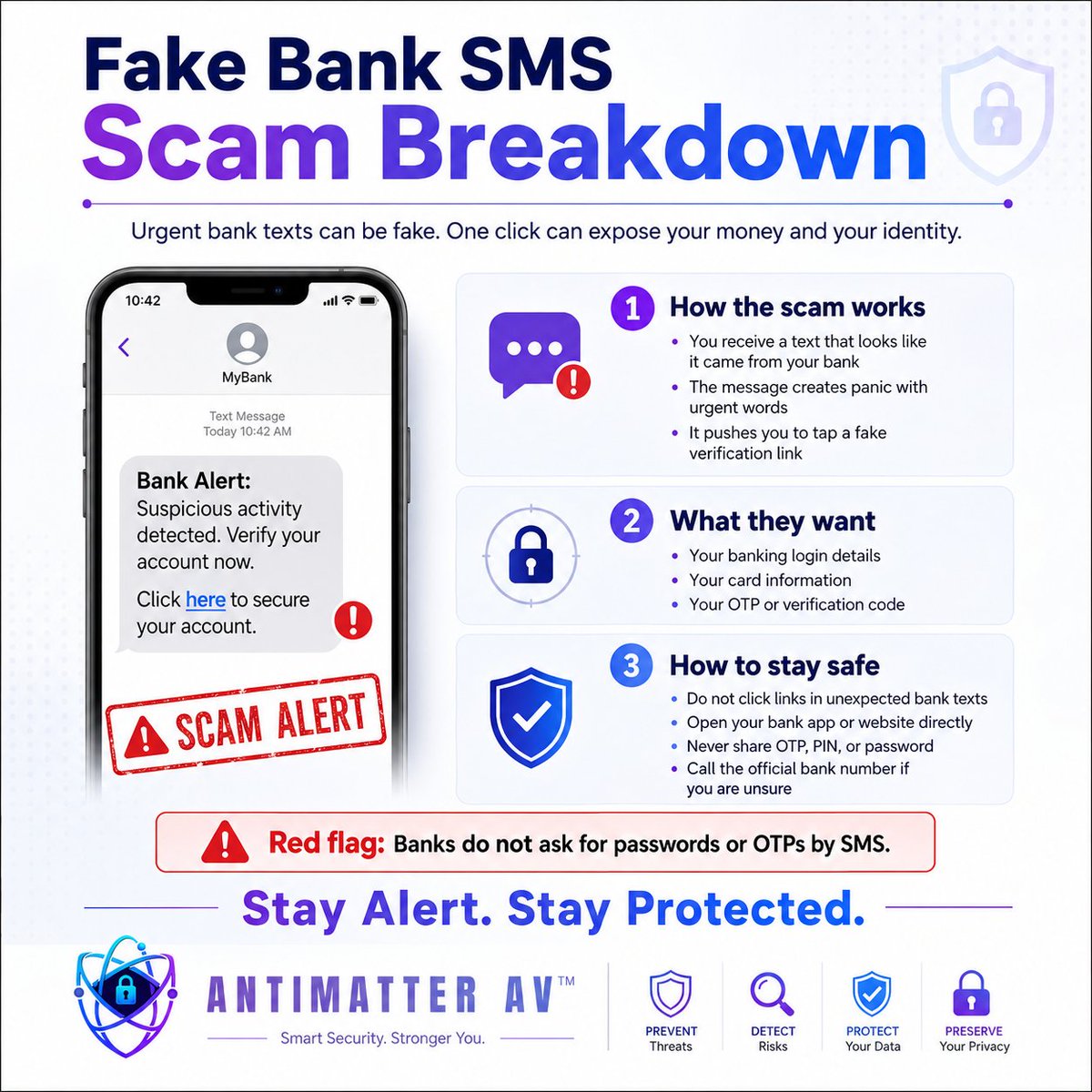 Antimatter98283's tweet photo. 🚨 Fake bank SMS scams are designed to make you panic and click fast.

Remember: banks don’t ask for passwords, PINs, or OTPs through SMS. Always verify from the official bank app or number. 🛡️

#BankScam #SMSSCam #PhishingAlert #CyberSecurity #ScamAwareness #OnlineSafety https://t.co/YHoas3zDJd