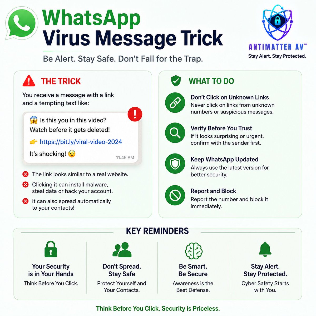 Antimatter98283's tweet photo. ⚠️ WhatsApp virus messages look normal… until one click puts your phone, data, and contacts at risk.

Don’t tap unknown links. Verify before you trust. Stay alert. Stay protected. 🛡️

#WhatsAppScam #CyberSafety #OnlineSafety #PhoneSecurity #ScamAlert #DigitalSafety #AntimatterAV https://t.co/NdYpSD8MQN