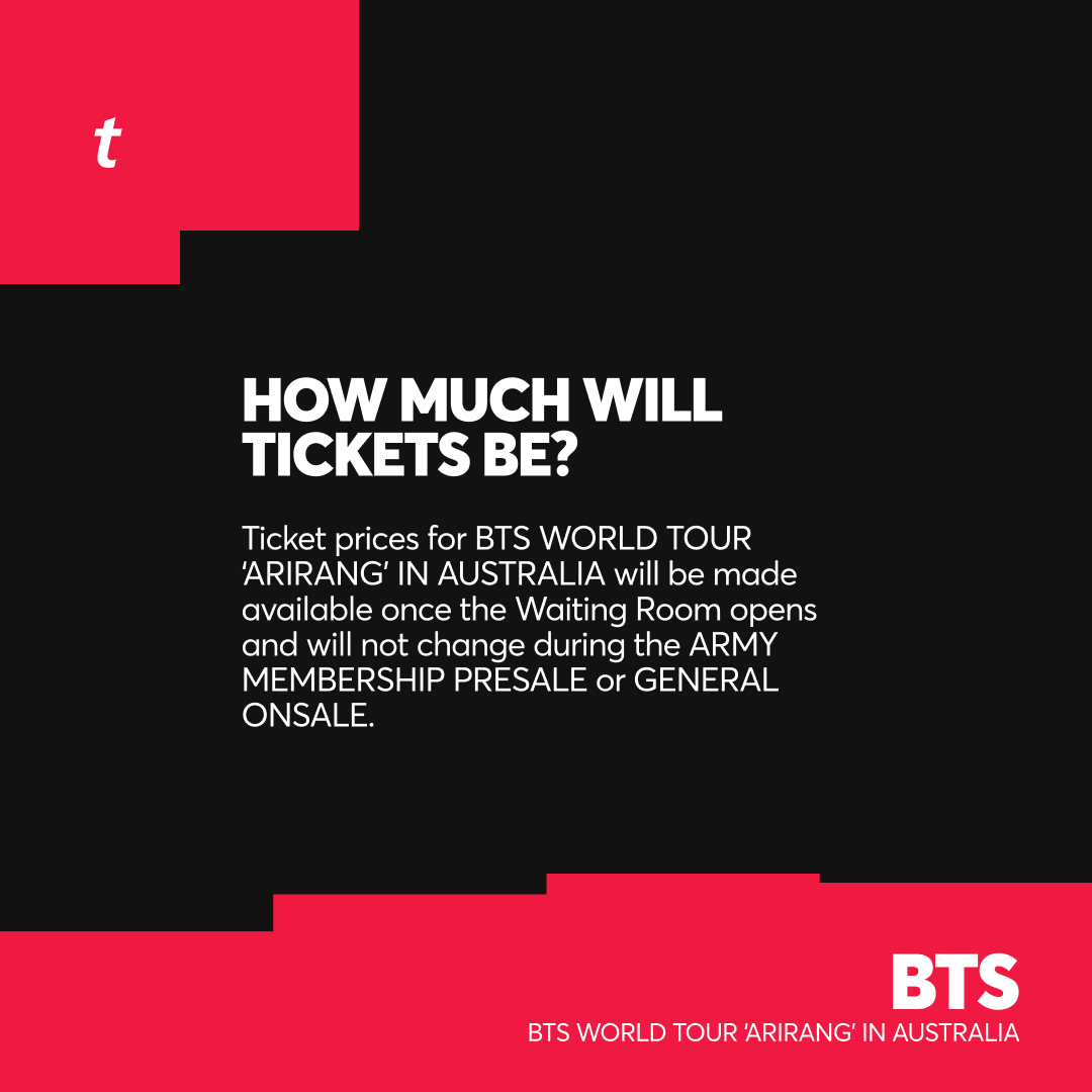 Ticketmaster_AU's tweet photo. 🚨When shopping for BTS WORLD TOUR ‘ARIRANG’ IN AUSTRALIA you may purchase a maximum of 4 tickets per show.

💳 Ticket prices will be made available once the Waiting Room opens and will not change during the ARMY MEMBERSHIP PRESALE or GENERAL ONSALE.

🎫https://t.co/MzfkAoHzmE https://t.co/iHCZbCjtr9