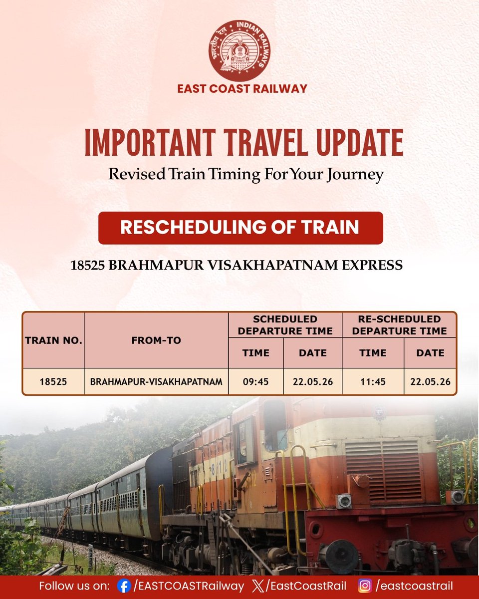 EastCoastRail's tweet photo. "TRAIN RESCHEDULED"
Brahmapur- Visakhapatnam express, departed from Brahmapur, today has been rescheduled...
Passengers please kindly note..
#reschedulingoftrain
#ECoRupdate @RailMinIndia https://t.co/I0FObk8LjO