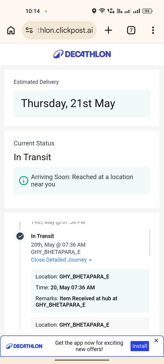 digunath's tweet photo. No response from @Decathlon , no response from courier partner. @Decathlon you took delivery charges from me. Instead of delivering on time, you changed the estimated delivery time in your portal to 23rd May. Disgusting! https://t.co/8avqMZvZ85