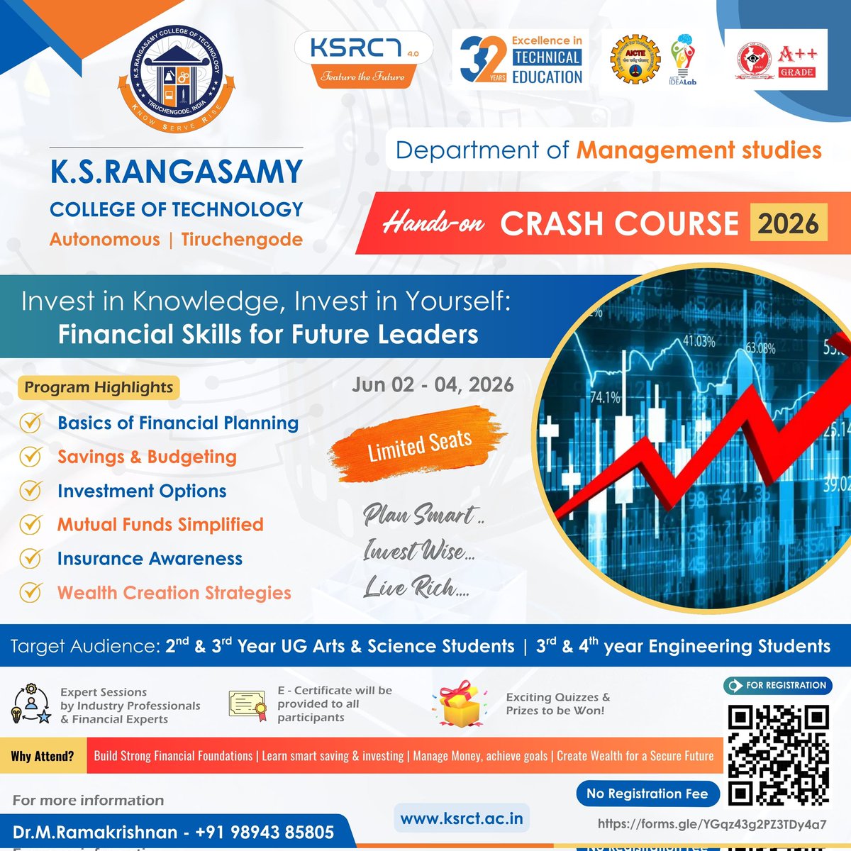 ksrct1994's tweet photo. 3-Day Hands-on Crash Course on “Invest in Knowledge, Invest in Yourself: Financial Skills for Future Leaders” from June 02–04, 2026 @ Fintech lab, MBA Department.

Registration Link: https://t.co/HqSNGaHGET

#ksrct1994 #ksr #ksrei #KSRCTMBA #CrashCourse #FinancialPlanning https://t.co/e5w8X20NMr