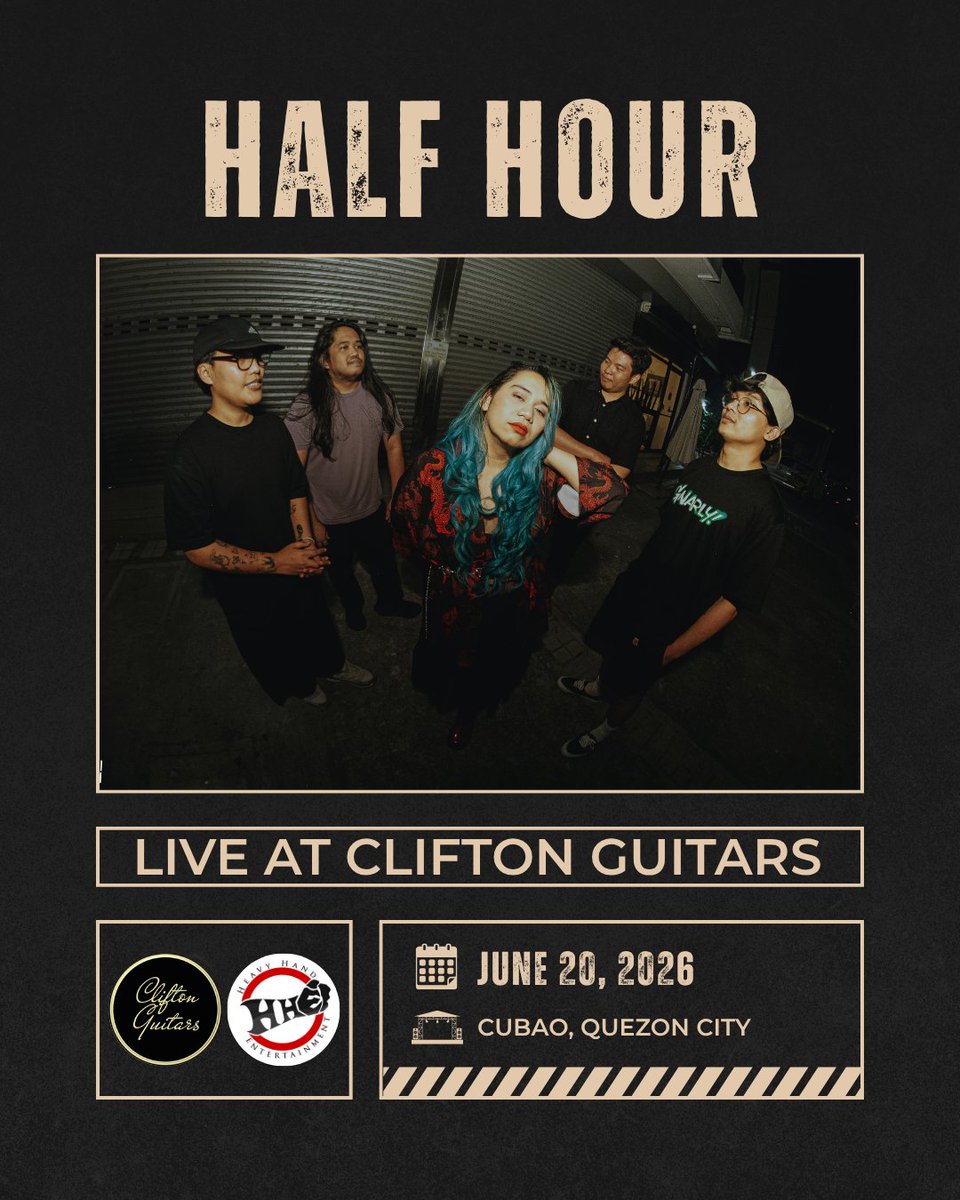 HalfHourPH's tweet photo. WE ARE SO BACK!!! 😭🎸⚡

Catch us live on Clifton Guitars’ Facebook page this coming June 20 for a live set, chikahan, and a little bit of chaos 👀🔥

See you there? 😌

Big thanks to Clifton Guitars &amp; Heavy Hand Entertainment for having us!

#HalfHour https://t.co/iRGN5qqCSg