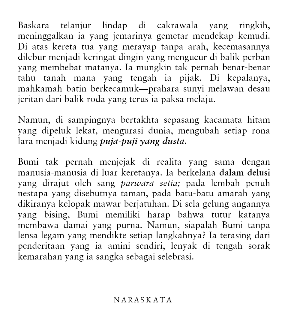 wicaksara's tweet photo. Sampai kapan kacamata delusi ini dipakai untuk merayakan kehancuran? #naraskata https://t.co/lUPLfX3PfI