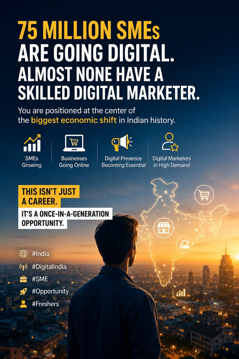 Granesh_X's tweet photo. India has 75 million SMEs going digital right now. Almost none of them have a skilled digital marketer. You are positioned at the center of the biggest economic shift in Indian history. Don't waste it. 

#India #DigitalIndia #SME #Opportunity #Freshers https://t.co/jY6gGHV403