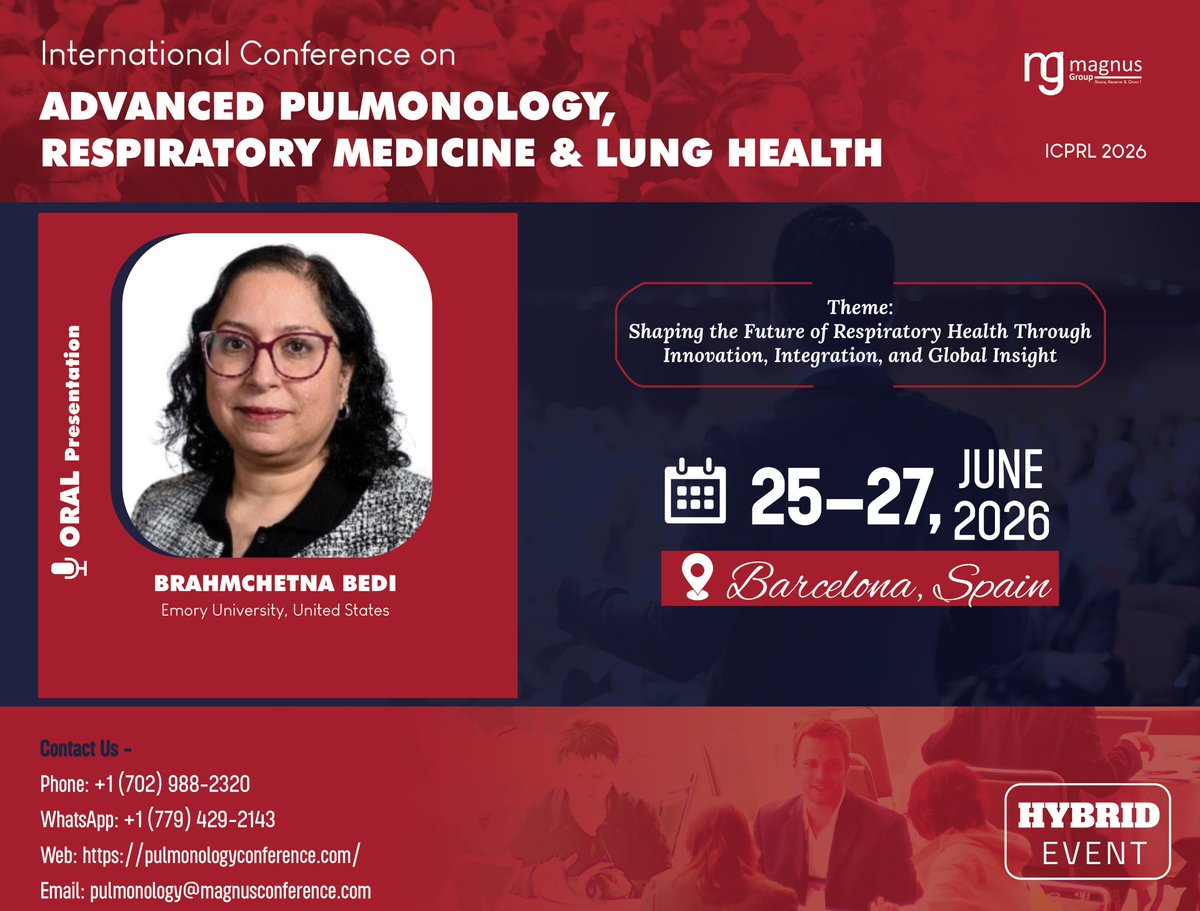 ICPRL2026's tweet photo. 🚨 Only 1 Month to Go!🫁🌍

Join the @ICPRL2026 organized by @magnus_group 

🎤 Brahmchetna Bedi from Emory University, USA 🇺🇸

📌“The Role of PPARγ Agonists in Host Defense”

✅ Attend In-person or Virtually

🔗 https://t.co/yJH9boDBHK

#RespiratoryConference #LungHealthSummit https://t.co/ztbelQXJRV