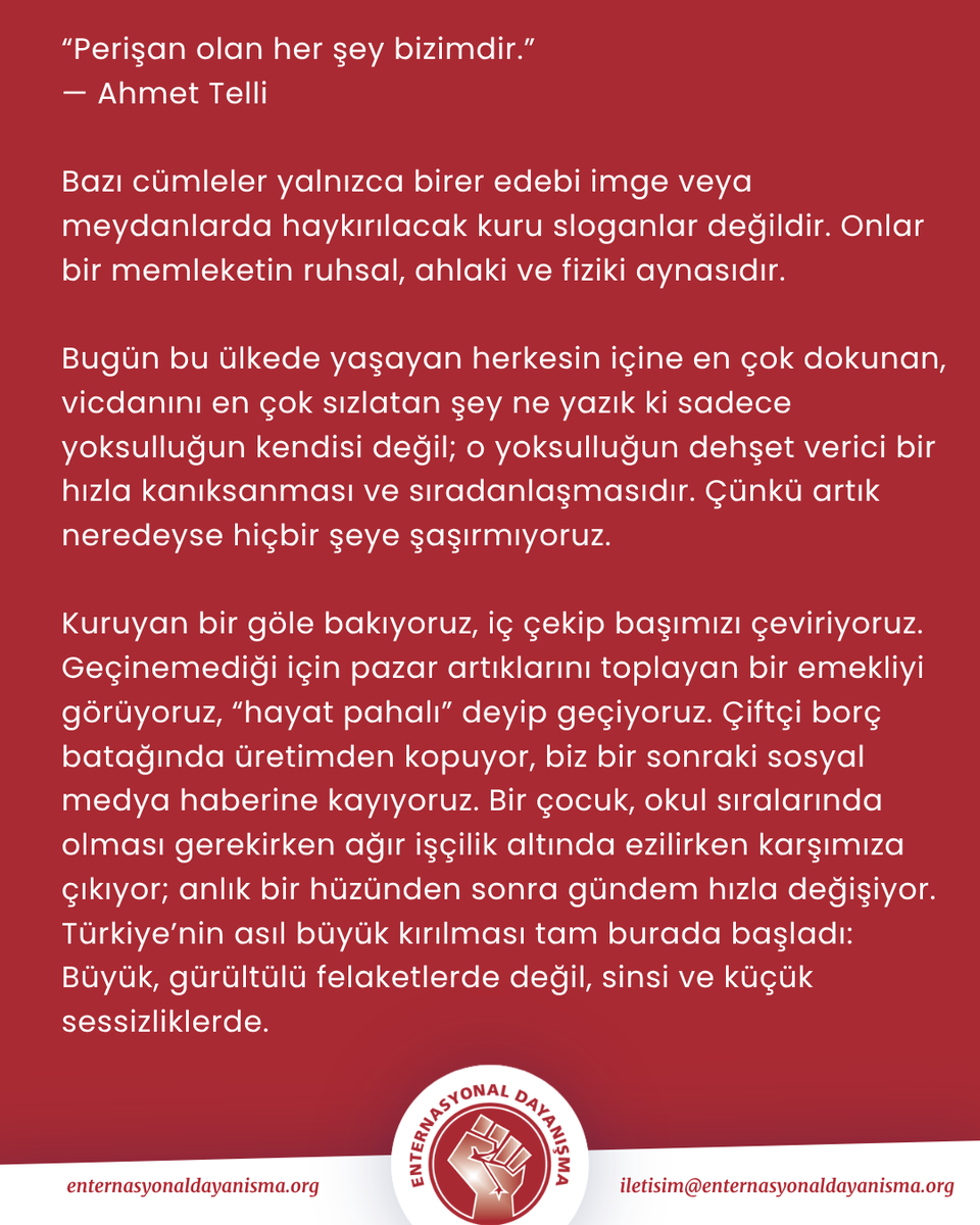 ent_dayanisma's tweet photo. 💬 Perişan edilen her şey bizim meselemizdir

🖊️ Erkan Erdem yazdı...

▶️ Yazıyı okumak için: https://t.co/4XA4ldspze https://t.co/aaocssPK3C