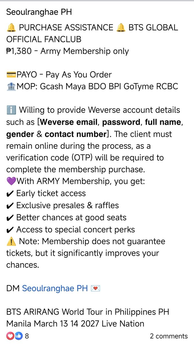 seoulranghaeph's tweet photo. 📣 BTS WORLD TOUR ARIRANG IN BULACAN PHILIPPINE SPORTS STADIUM MARCH 13-14, 2027 📣

✅ PURCHASE ASSISTANCE OPEN for EARLY TICKET ACCESS‼️
BTS ARMY GLOBAL MEMBERSHIP only https://t.co/nvnGjeTdDn
