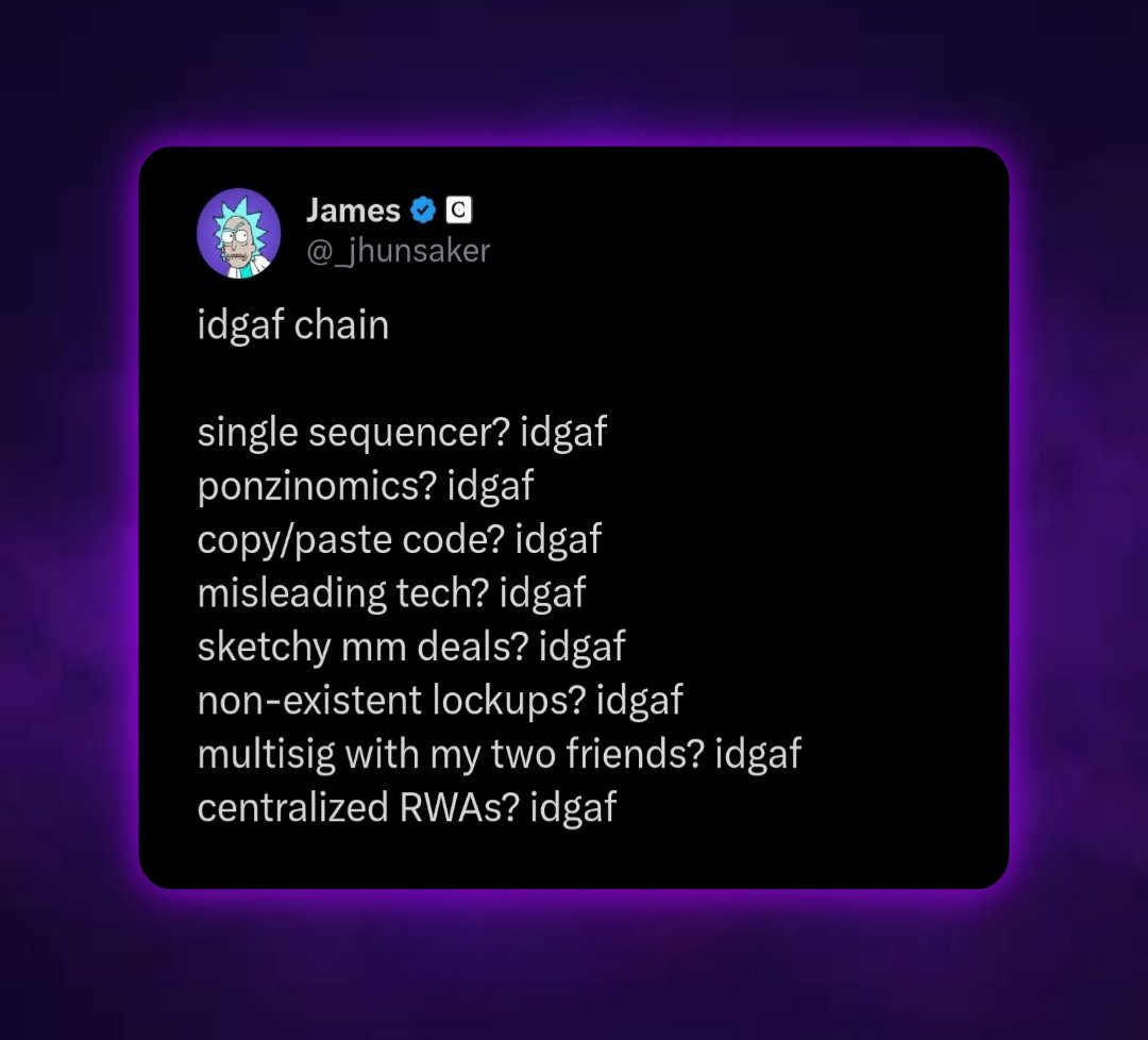 silentt1738's tweet photo. idgaf chain

single sequencer? idgaf
ponzinomics? idgaf
copy/paste code? idgaf
misleading tech? idgaf
sketchy mm deals? idgaf
non-existent lockups? idgaf
multisig with my two friends? idgaf
centralized RWAs? idgaf

Bro might delete this one too but $IDGAF @monad https://t.co/RzHwvC1kNz
