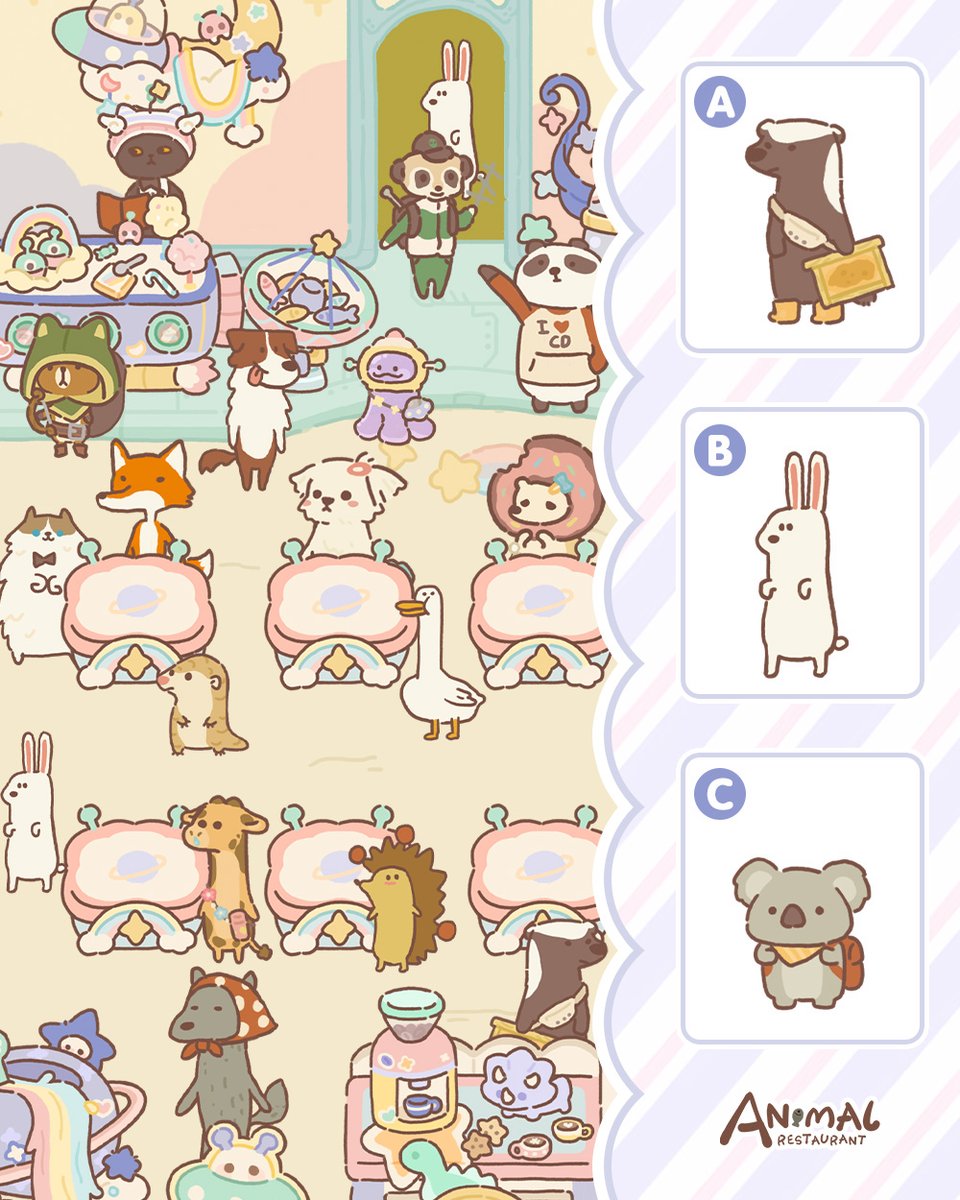 AML_Restaurant's tweet photo. 🎮Game Time🎮

So many customers came to the restaurant today, Gumi is getting dizzy👀
But among the guests on the right, one of them doesn’t seem to be in the restaurant!

Can you spot who it is, Bosses?  
Tell Gumi in the comments👇
#animalrestaurant #animalrestaurantgame #gumi https://t.co/p1kRd8gpG5