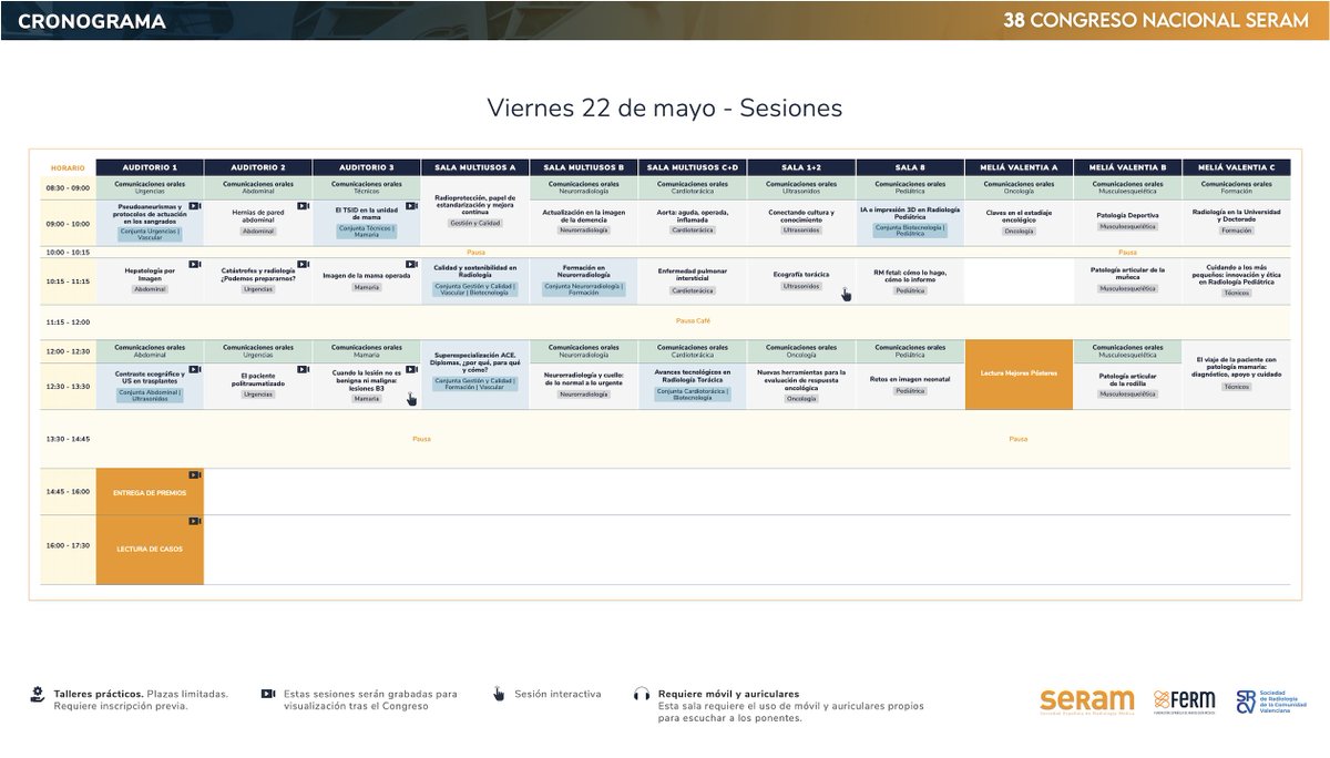 SERAM_RX's tweet photo. Arranca el tercer día del #SERAM2026 ⚡ Hoy, viernes 22, la jornada científica continúa desde las 8.30h con sesiones y talleres. Por la tarde, uno de los momentos más esperados del congreso: la Entrega de Premios a las 14.45h seguida de la Lectura de Casos en el Auditorio 1. https://t.co/J8HqExazwD