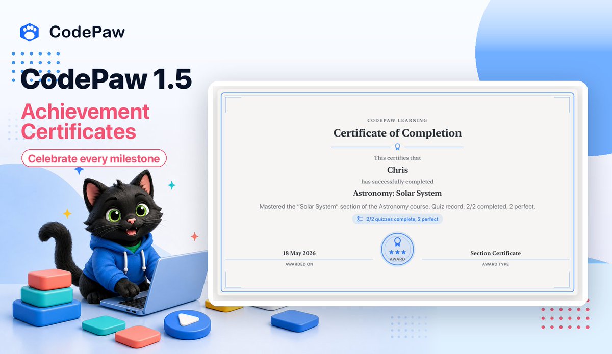IntrepidDev1988's tweet photo. CodePaw 1.5 is here.

This is a major learning upgrade with daily lesson plans, last-session recaps, certificates, and a private learning profile.

Kids can see what to learn next, review what they did last time, earn certificates, and track progress on device.

https://t.co/4U2yH7jQao

#CodePaw #EdTech #KidsLearning #HomeEducation #AppleIntelligence