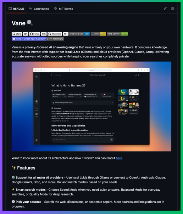 cyrilXBT's tweet photo. A TEAM IN SAN FRANCISCO JUST KILLED PERPLEXITY'S $20 A MONTH SUBSCRIPTION.

It is called Vane.

AI-powered search with cited sources. Follow-up questions. Image and video search. Focus modes for academic papers, Reddit, YouTube, and Wolfram Alpha.

Running entirely on your own machine.

Zero monthly fee. Zero query limits. Zero tracking. Zero data leaving your hardware.

Here is exactly how it works.

Vane is an open source Perplexity clone built on SearxNG. A meta-search engine that pulls results from Google, Bing, DuckDuckGo, Brave, and 70+ other sources simultaneously without tracking you.

You plug in any LLM you want. OpenAI. Anthropic. Groq. Or local models through Ollama.

It answers your questions with real citations pulled from the live web in real time.

The full feature list:

No $20 monthly subscription holding the good models hostage.

No query limits cutting you off mid-research.

No tracking and no profile being built from your searches.

Local mode with Ollama supporting Llama, Mistral, Qwen, and anything else you throw at it.

Focus modes that narrow search to academic papers, YouTube, Reddit, Wolfram Alpha, or writing.

Image and video search built directly into the interface.

Copilot mode that breaks one question into multi-step research and synthesizes the findings automatically.

The entire stack runs 100% locally with Llama 3 and SearxNG on your own hardware.

Zero API calls going out.

Zero data ever leaving your machine.

Perplexity's entire business model assumes you would never spend an evening with a Docker Compose file and a local LLM.

One container for Vane. One container for SearxNG. A Llama 3 model running on your laptop. No internet account involved anywhere in the chain.

MIT License. 100% open source.

https://t.co/KnClJ9Ccvb

Bookmark this before you pay next month's Perplexity subscription.

Follow @cyrilXBT for every open source build that makes an expensive tool free the moment it drops.