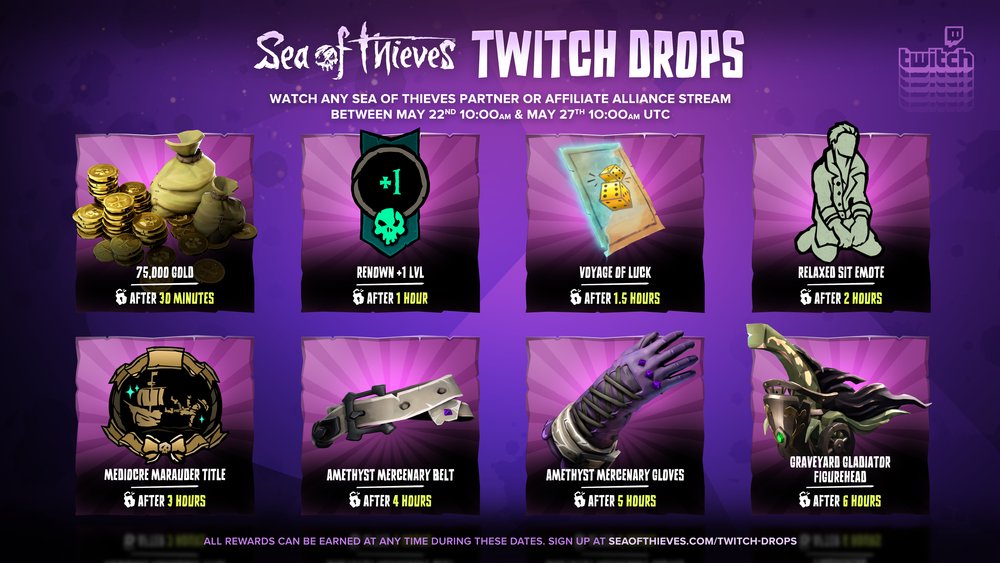 MerciasQuill's tweet photo. 🪶 Twitch Drops: Twitch Drops Campaign 🪶

Tune in and watch any Sea of Thieves Partner for a total of 6 hours to earn all drops! Remember to link your Twitch account to Sea of Thieves and claim your drop once it's unlocked!... (1/3)

#MerciasQuill #SeaOfThieves https://t.co/N4zMrc1wLz