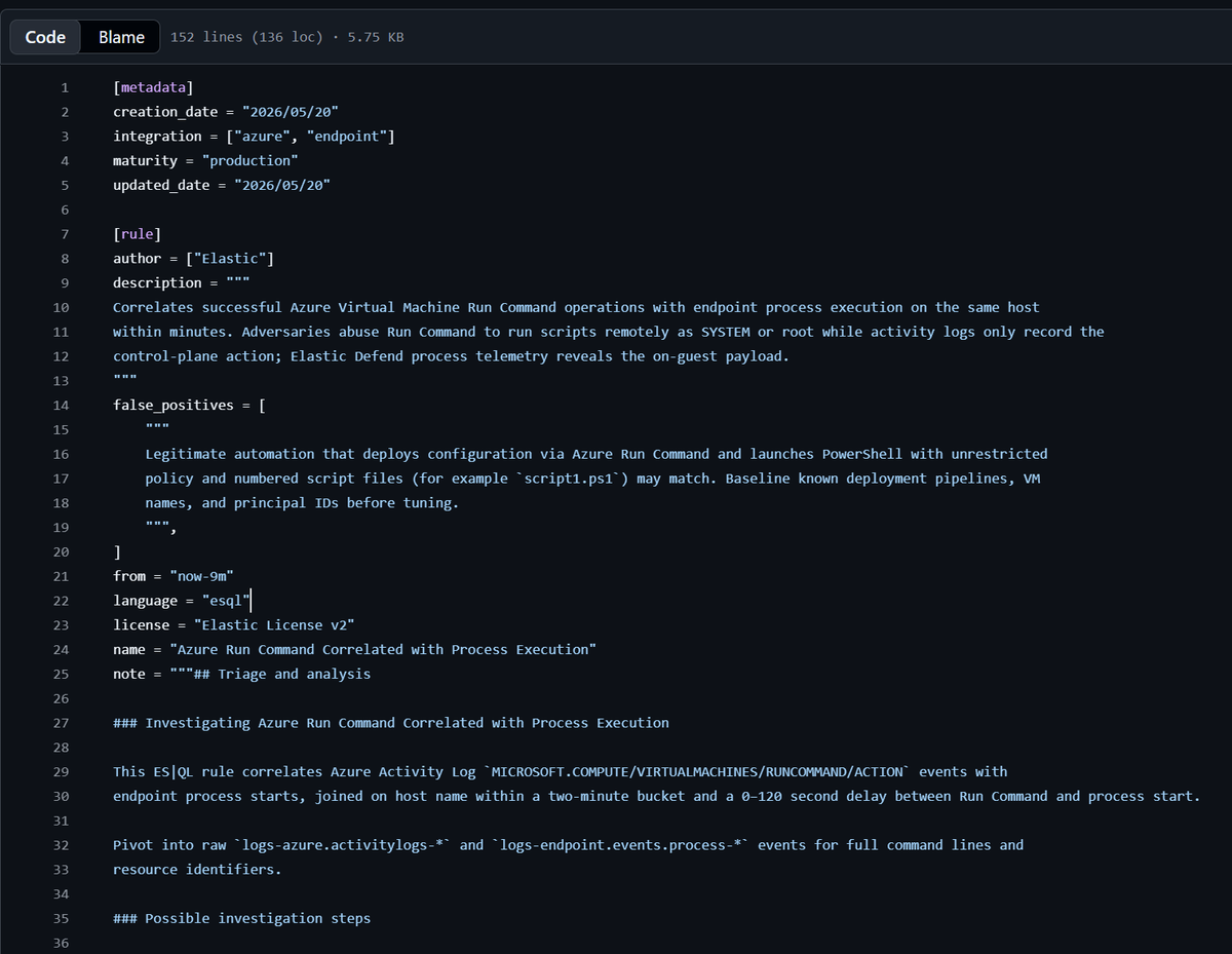 SBousseaden's tweet photo. Azure activity logs do not capture the actual executed command via VM RunCommand. On the target VM, all spawned processes run under S-1-5-18/root, without user attribution. Using ES|QL, however, we can correlate Endpoint and AAD logs to bridge this gap:

https://t.co/ig9IwVVlWQ https://t.co/CVSspt8rq8