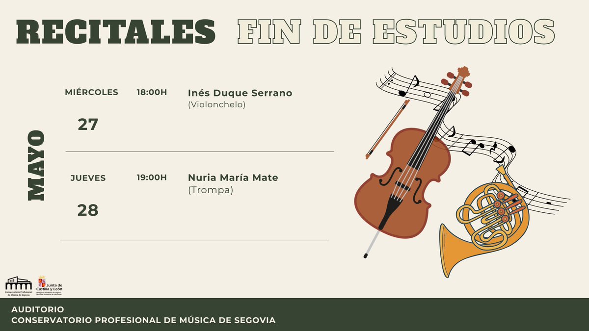 ConserSegovia's tweet photo. 🎶✨ Se acerca el final de curso… ¡y el Conservatorio de Segovia está más lleno de música que nunca!

La próxima semana continuamos con audiciones, recitales, conciertos y actividades donde nuestro alumnado seguirá compartiendo todo el trabajo realizado durante el curso 🙌 https://t.co/3vMSXlpeT2