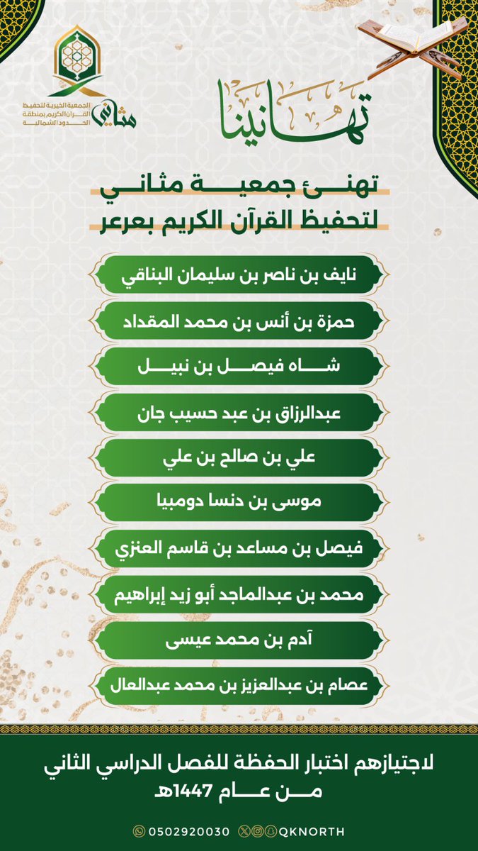 qknorth's tweet photo. تهنئ #جمعية_مثاني الطلاب المجتازين لاختبار الحفظة في الاختبارات المركزية للفصل الدراسي الثاني من عام 1447هـ. https://t.co/1exaN2JHWO