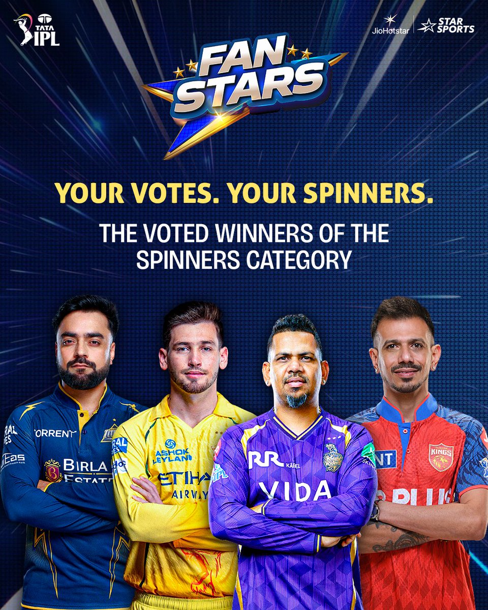 StarSportsIndia's tweet photo. The votes are in! 👀🔥
Here are the #FANSTARS spinners selected by the fans and experts 🙌🏏
⭐ Rashid Khan | Noor Ahmad | Sunil Narine | Yuzvendra Chahal
NEXT UP 👉 Fast Bowlers! 🔥
#FANSTARS #TATAIPL https://t.co/SnSOHSoc3X
