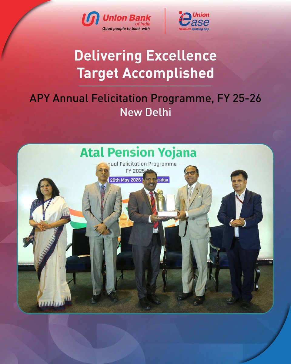 UnionBankTweets's tweet photo. Union Bank of India has been conferred with the Award of Excellence Achiever at the APY Annual Felicitation Program held in New Delhi for FY 2025–26.

#UnionBankofIndia #GoodPeoplToBankWith https://t.co/xrjjearYfA