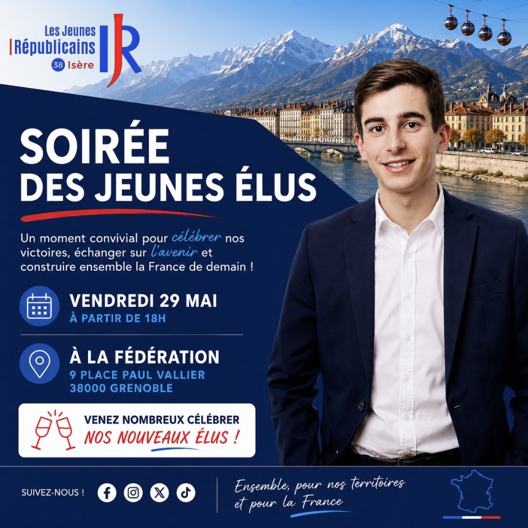 jeunesreps38's tweet photo. 🇫🇷 Les jeunes élus de notre territoire se retrouvent pour un moment d’échange, et de convivialité autour de nos engagements et de l’avenir de nos communes.

📅 Vendredi 29 mai à partir de 18h
📍 Fédération LR Isère – 9 place Paul Vallier, Grenoble

Nous vous attendons nombreux ! https://t.co/01HHHlThVF