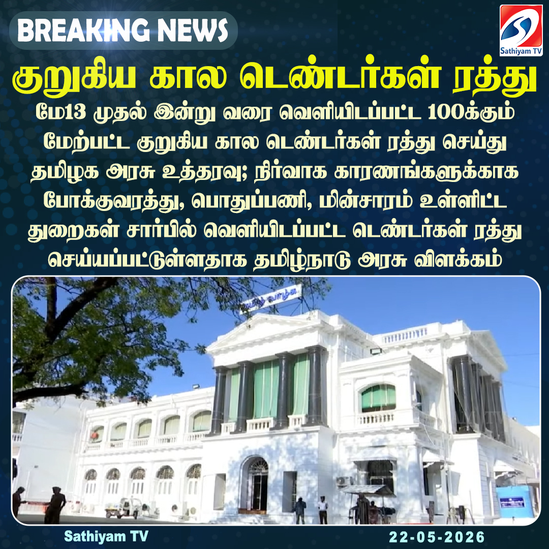 sathiyamnews's tweet photo. மே13 முதல் இன்று வரை வெளியிடப்பட்ட 100க்கும் மேற்பட்ட குறுகிய கால டெண்டர்கள் ரத்து தமிழக அரசு உத்தரவு
#sathiyamtv #sathiyamnews #tamilagaarasu #denter https://t.co/LAqFdhcyzg
