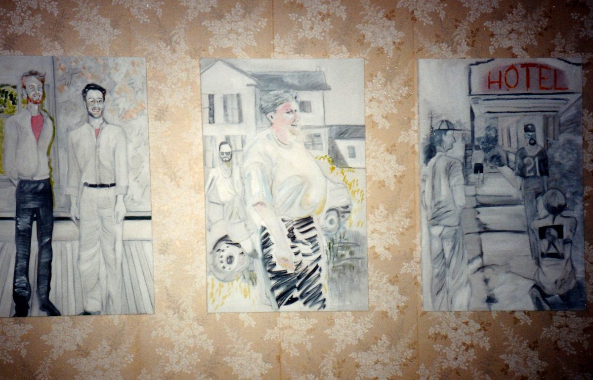 HermitsDaily's tweet photo. "Moving to Burnham"  Triptych.  Graphite and Oil Paint on Stretched Canvas.  1995.  #art #artwork #artist #artists #arting #makingart #painting #oilpainting #oilpaintings #oilpainter #graphite #pencil #pencilwork #oilpaint #stretchedcanvas #canvas #friend #friends #friendship https://t.co/0ZDkFZkn5w