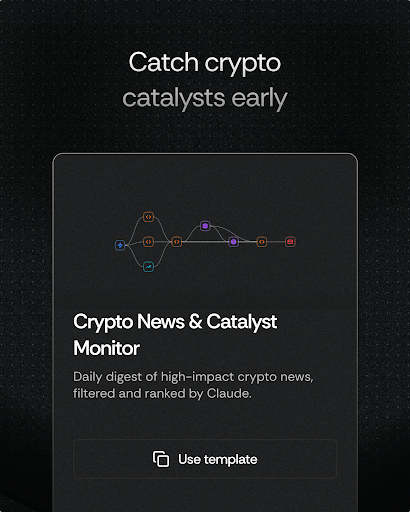 getNickAI's tweet photo. By the time you have read 50 crypto headlines, the opportunity is gone.

Here's the more interesting signal: the trades aren't where the news is loudest. They're where news sentiment and price action disagree.

The Crypto News & Catalyst Monitor template in NickAI runs every morning before the open and does the boring part for you:
-Pulls the last 24 hours from CoinDesk and The Block. 
-Deduplicates cross-source coverage. 
-Runs the articles through two Claude Sonnet passes: pass one classifies every article by impact and tags which of 10 tracked tokens it concerns. 
-Pass two cross-references those classifications against 7 days of OHLCV data and flags the tokens where sentiment and price are diverging.

You get one HTML email at 9 AM: an impact-tiered article list, narrative clusters, a token-by-token price vs. news alignment table, and a catalyst watchlist for upcoming events.

Try it for free now: https://t.co/Qwapmm7s30
