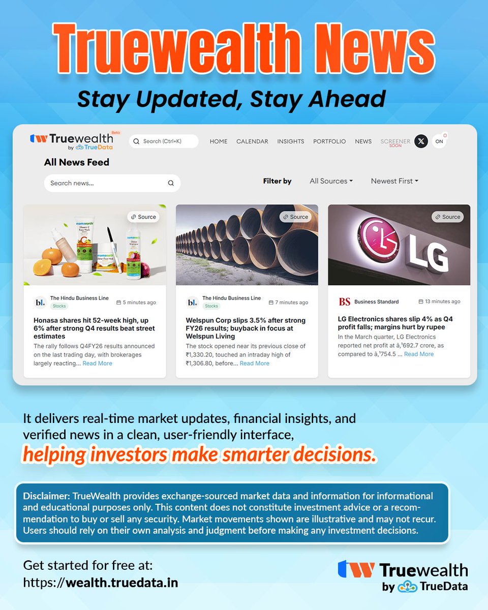 truedata1's tweet photo. TrueWealth News: Stay Updated, Stay Ahead
It delivers real-time market updates, financial insights, and verified news in a clean, user-friendly interface, helping investors make smarter decisions.
For more info visit: https://t.co/U27GrqbKdM

#TrueData #truewealth #marketinsights https://t.co/rkrsBFPqJh