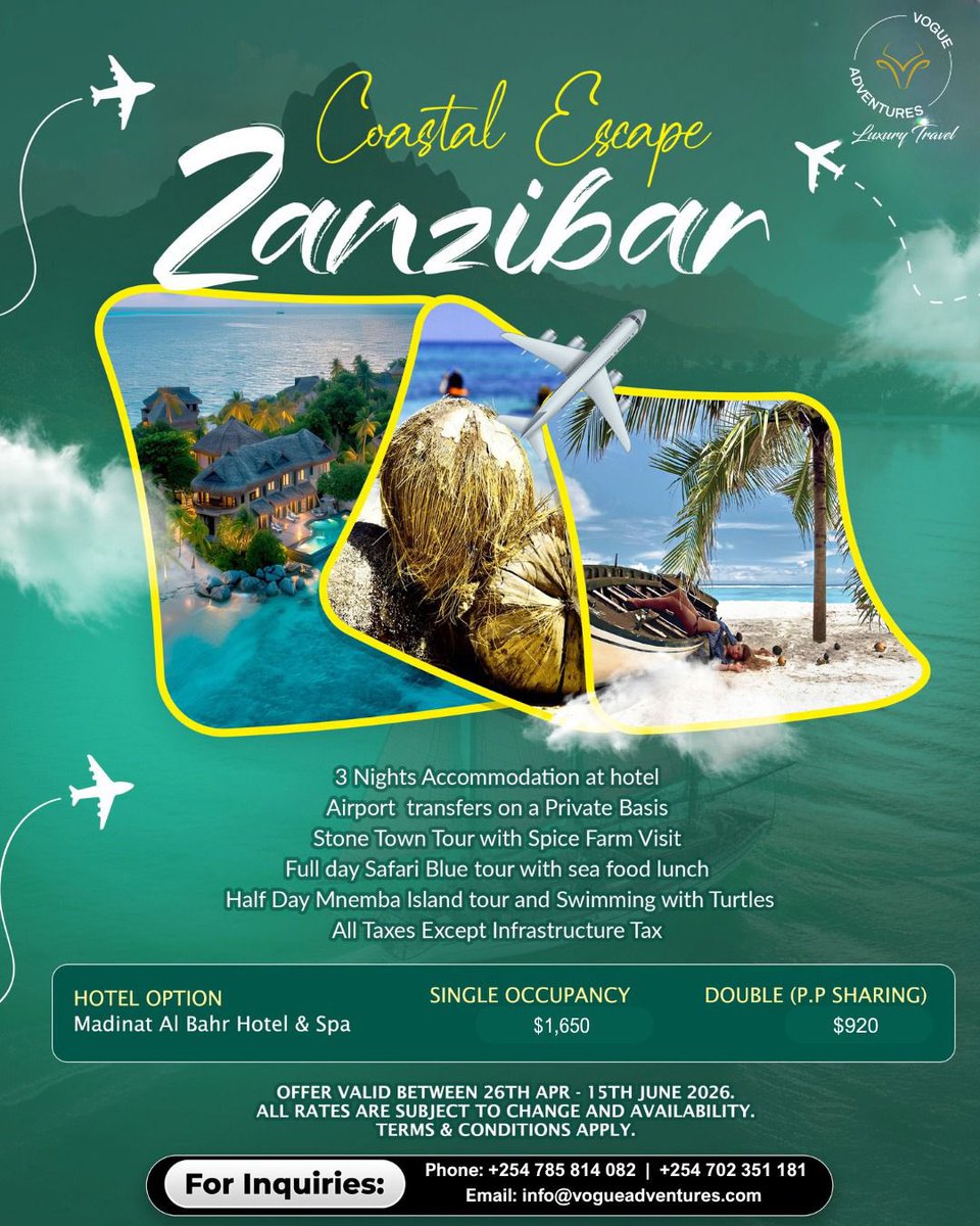 vogueadventures's tweet photo. We’ve put together some of our current travel offers designed for different kinds of travellers and experiences.

For bookings and custom-tailored travel planning:  
🌍 https://t.co/aJygQBQ0Qq  
📞 +254 785 814 082 | +254 702 351 181  
📧 info@vogueadventures.

#travel https://t.co/N99qrH1Q8V
