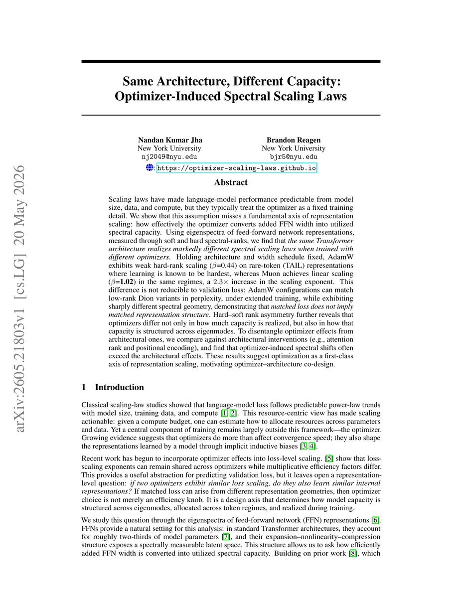 rosinality's tweet photo. https://t.co/fDryGaQQwP

Scaling of effective rank of post activation over FFN hidden dimensions, per token frequency, is quite different for Adam and Muon even when loss is matched. And this interacts with architectural choices like RoPE. Maybe related to tail knowledge behavior of Muon? (https://t.co/0lW3HAFlw3) How would this lead to behavioral changes when loss is matched?