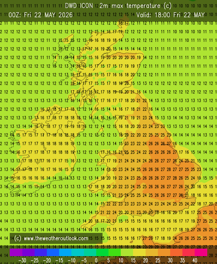 DerekTheWeather's tweet photo. Forecast maximum temperatures for the next 4 days. 25°C in Monmouth today. 24°C on Saturday. 27°C on Sunday. 30°C on Monday. The current UK May record of 32.8°C could be broken on Monday!
Stay tuned to @bbcweather for updates. https://t.co/aKhBOdgW5N